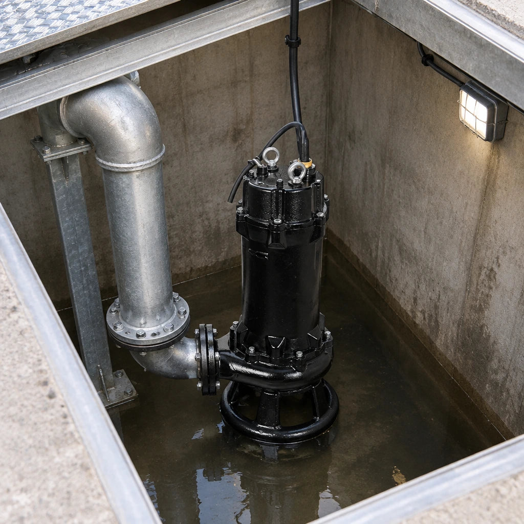 LuckyPro cast-iron sewage pump resting in a wastewater lift-station wet well beside fixed discharge pipework