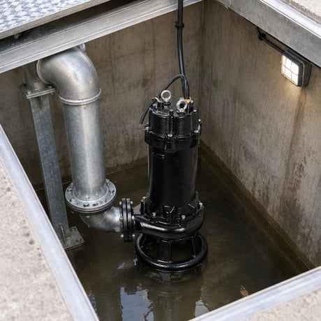 LuckyPro cast-iron sewage pump resting in a wastewater lift-station wet well beside fixed discharge pipework