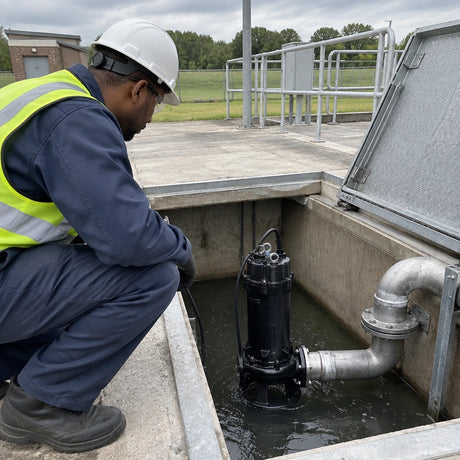 African American wastewater operator checks a LuckyPro submersible sewage pump transferring wastewater from a lift station