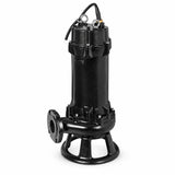 LuckyPro W-CUT-220CT black cast-iron submersible sewage pump with side discharge flange and circular base on white background
