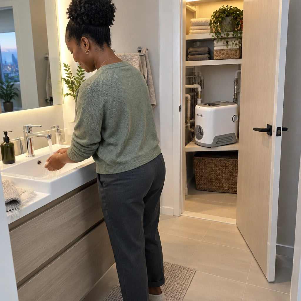 African American resident uses a bathroom basin with steady water while a LuckyPro IVP pump sits in the adjacent utility cupboard.