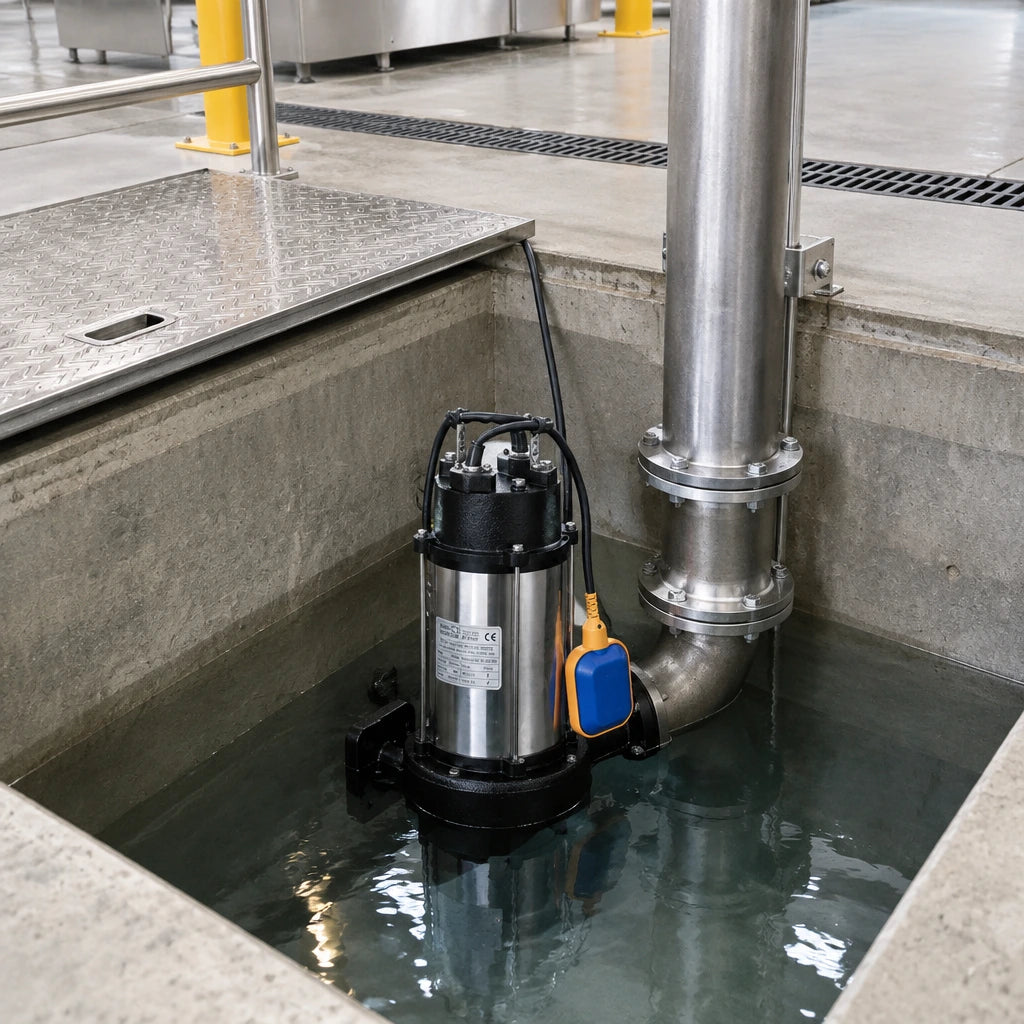 LuckyPro submersible sewage pump resting in an industrial drainage collection pit beside fixed wastewater pipework