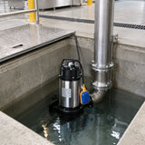 LuckyPro submersible sewage pump resting in an industrial drainage collection pit beside fixed wastewater pipework