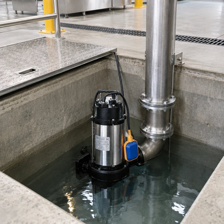 LuckyPro submersible sewage pump resting in an industrial drainage collection pit beside fixed wastewater pipework
