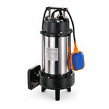 LuckyPro submersible sewage pump with reamer cutter, power cable and orange-blue float switch on white background