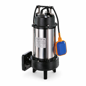 LuckyPro submersible sewage pump with reamer cutter, power cable and orange-blue float switch on white background