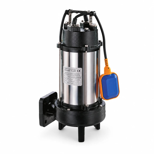 LuckyPro submersible sewage pump with reamer cutter, power cable and orange-blue float switch on white background