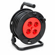Major portable extension cable reel with four red sockets, black wound cable, handle and freestanding frame on a white background