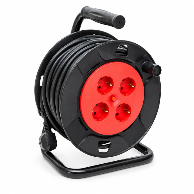 Major portable extension cable reel with four red sockets, black wound cable, handle and freestanding frame on a white background