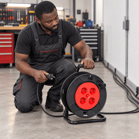 Black technician setting up the unplugged cable reel with its cable unwound