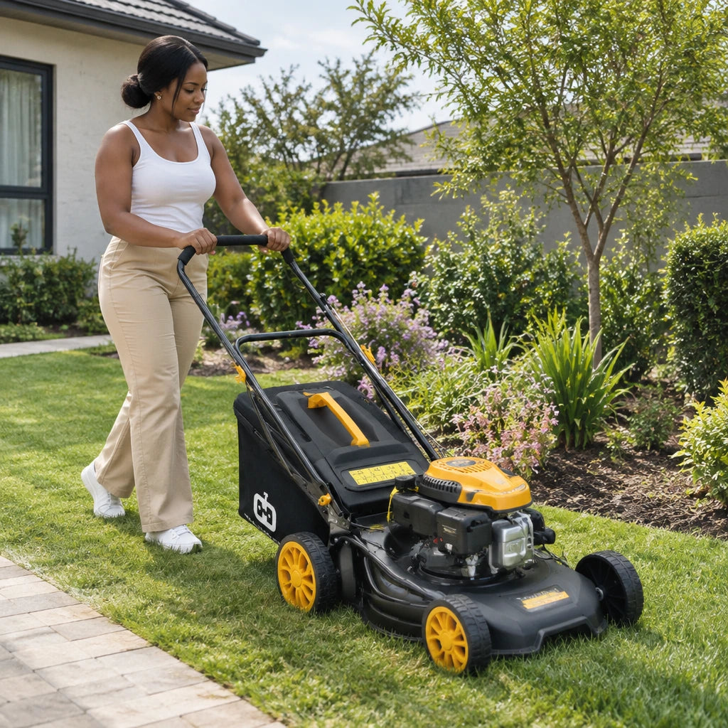 African American homeowner pushing a Marsant gasoline lawn mower across a residential lawn while collecting grass clippings