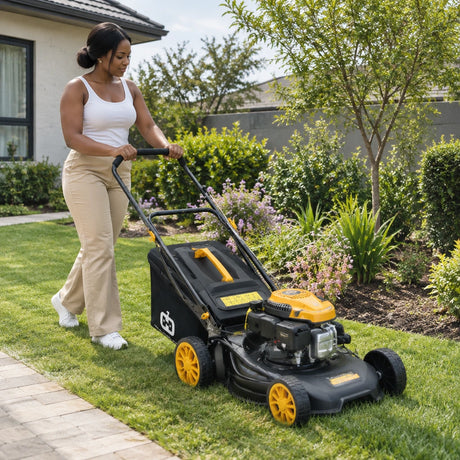 African American homeowner pushing a Marsant gasoline lawn mower across a residential lawn while collecting grass clippings