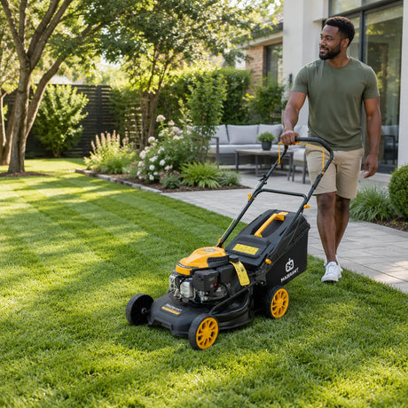 Even residential lawn ready for outdoor use with the Marsant push mower resting at the freshly cut edge