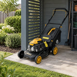 Marsant gasoline push mower parked in a covered residential garden equipment alcove