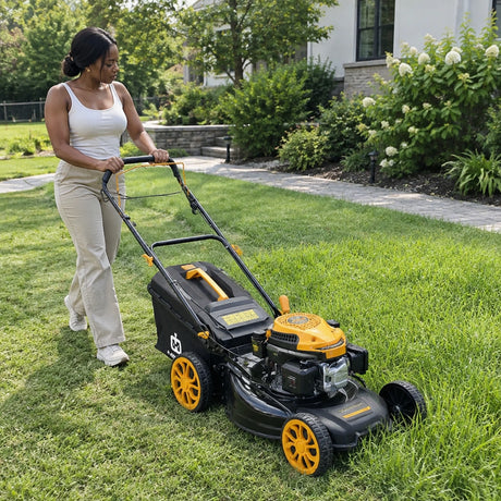 African American homeowner guiding a Marsant self-propelled lawn mower across a gently sloping residential lawn