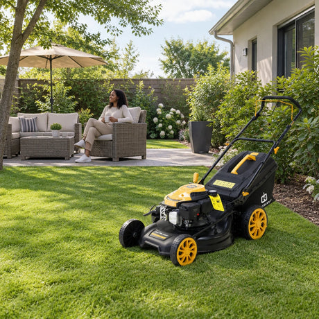 Even residential lawn ready for outdoor use with the Marsant self-propelled mower resting at the finished edge