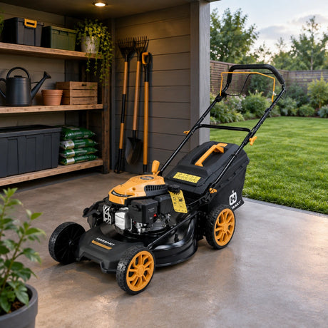 Marsant self-propelled lawn mower parked in a covered residential garden-equipment bay beside a maintained lawn