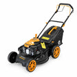 Marsant RMS51Q-V170 black and orange self-propelled gasoline lawn mower with rear grass collector on white background