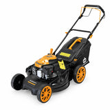 Marsant RMS51Q-V170 black and orange self-propelled gasoline lawn mower with rear grass collector on white background