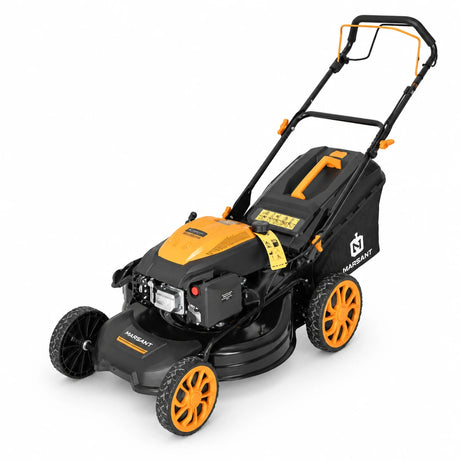 Marsant RMS53Q-V190 190cc self-propelled gasoline lawn mower with 530mm cutting deck and rear grass collector on white background