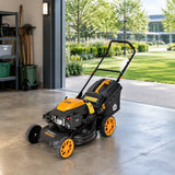 Marsant self-propelled lawn mower parked in an organised institutional grounds-maintenance bay beside landscaped lawns