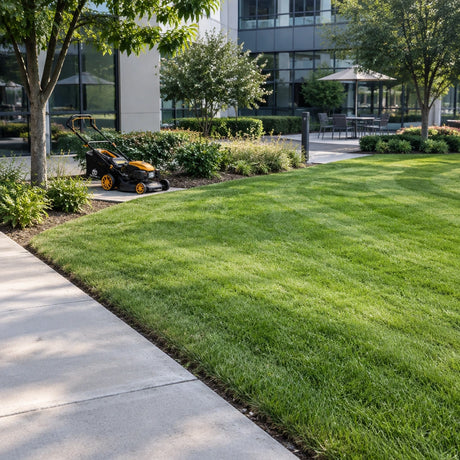 Evenly finished institutional courtyard lawn with the Marsant self-propelled mower resting at the completed mowing edge