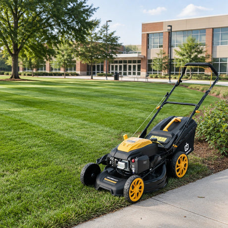 Even institutional lawn ready for use with a Marsant self-propelled mower parked at the freshly cut edge