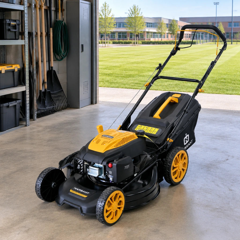 Marsant self-propelled lawn mower parked in an organised institutional grounds-maintenance bay beside a manicured lawn