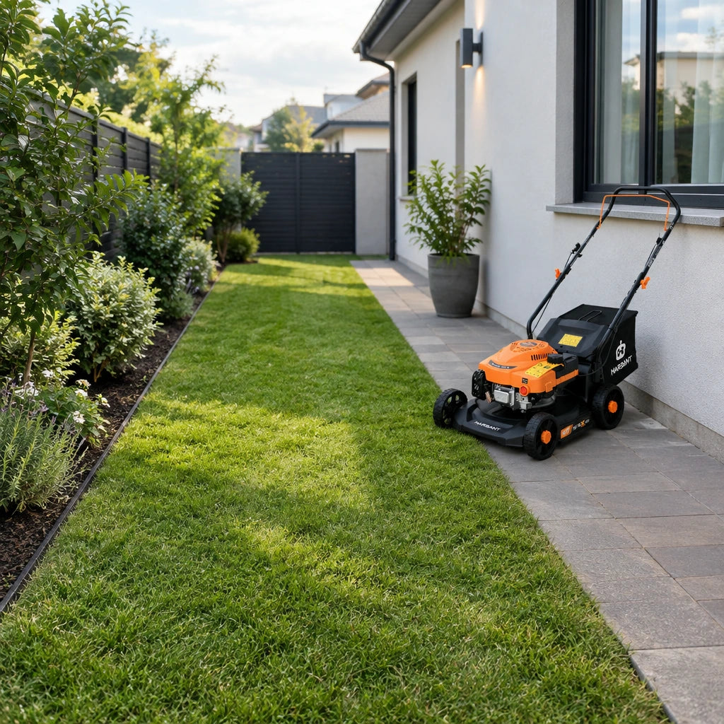 Neatly cut townhouse side lawn with Marsant push mower resting beside the paved garden path