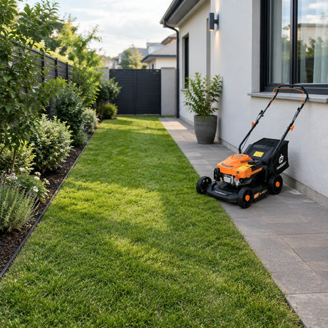 Neatly cut townhouse side lawn with Marsant push mower resting beside the paved garden path