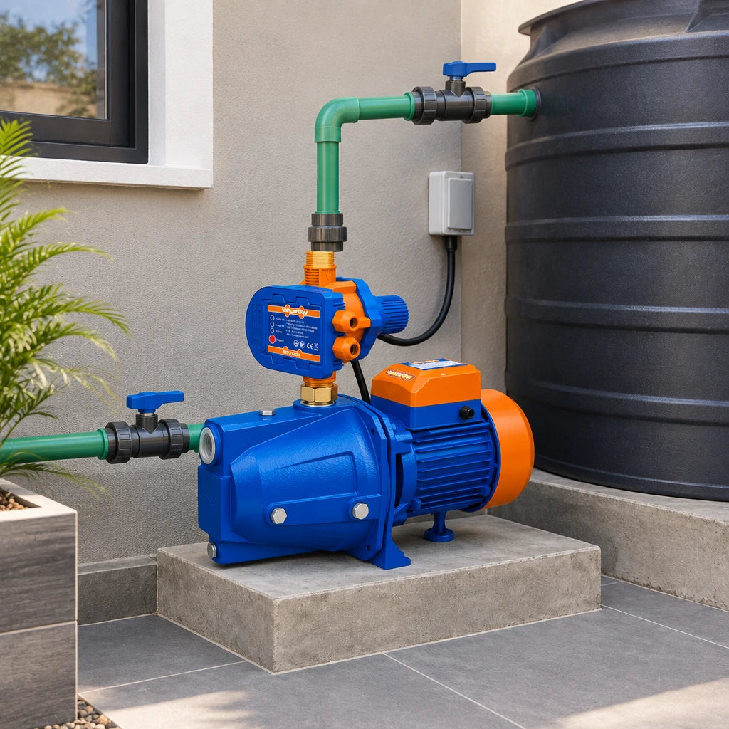 Wadfow home water pressure pump installed in a covered townhouse utility courtyard