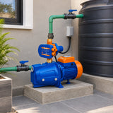 Wadfow home water pressure pump installed in a covered townhouse utility courtyard
