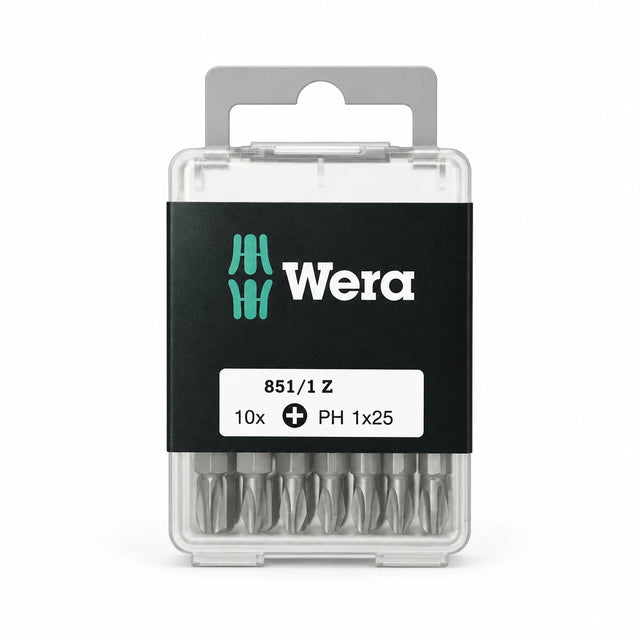 Wera 10-piece PH1 by 25 mm Phillips screwdriver bit set in transparent storage case on white background