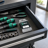 Closed Wera PH1 screwdriver bit set stored in an organised professional maintenance cart drawer