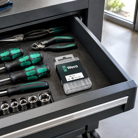 Closed Wera PH1 screwdriver bit set stored in an organised professional maintenance cart drawer