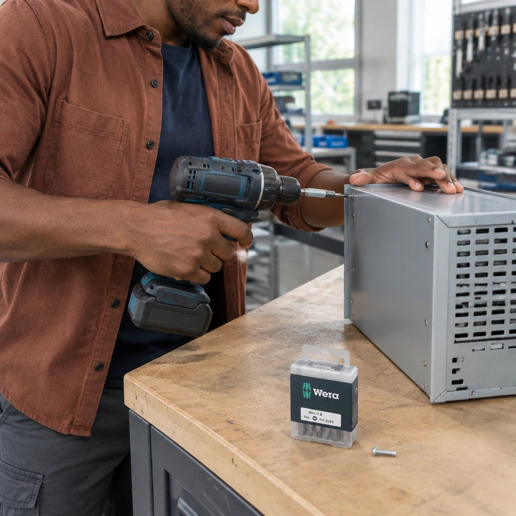 African American production assembler fastening a matching Phillips screw into a metal equipment enclosure with a Wera PH2 bit.
