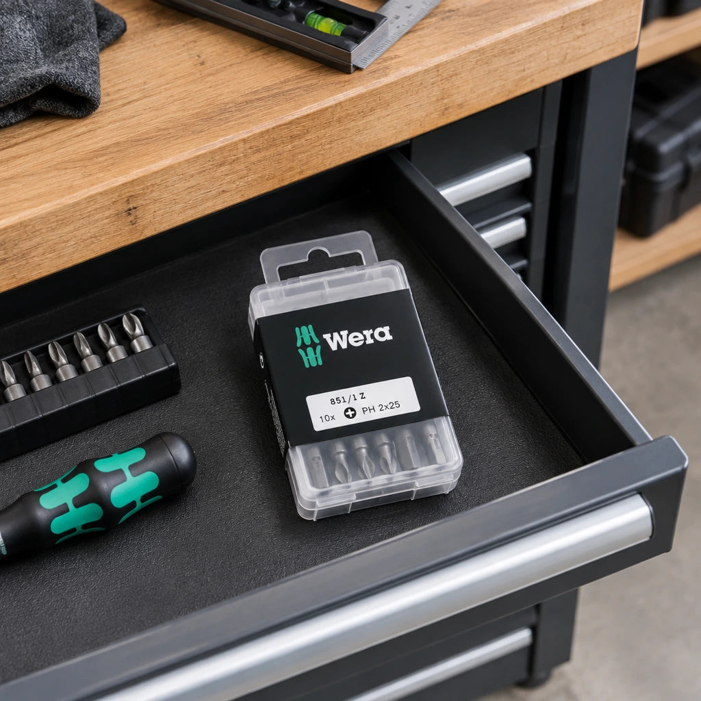 Closed Wera PH2 screwdriver bit set stored in an organised accessory drawer at a professional assembly bench.