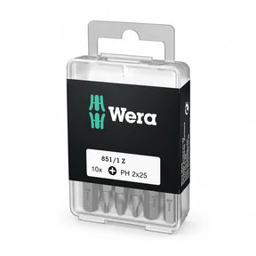Wera 10-piece PH2 by 25 mm Phillips screwdriver bit set in clear storage box on white background.
