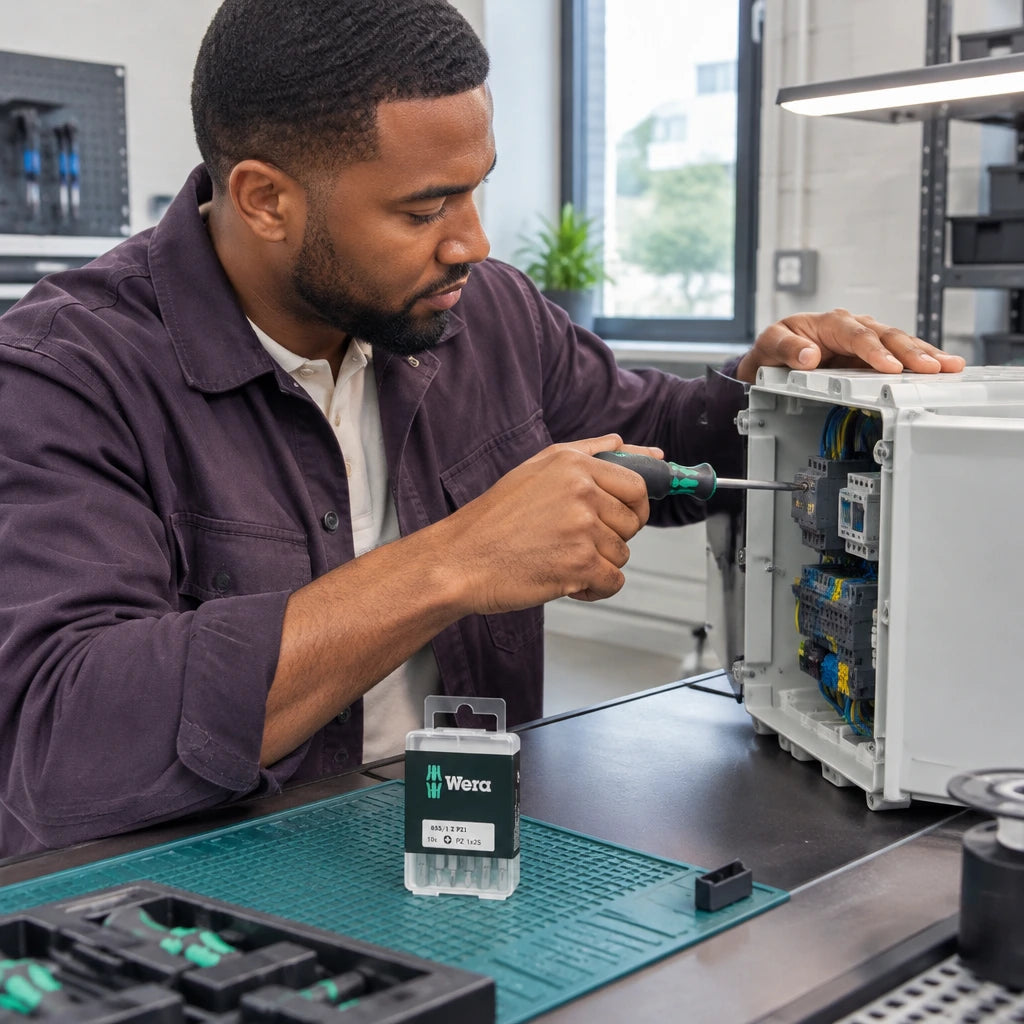 African American technician using a Wera PZ1 bit in a compatible driver to secure a matching equipment-panel screw