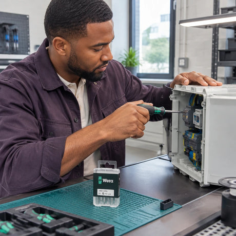 African American technician using a Wera PZ1 bit in a compatible driver to secure a matching equipment-panel screw