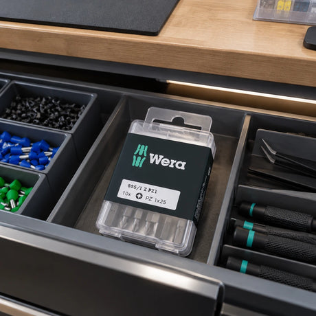 Closed Wera PZ1 screwdriver bit set stored in an organised electronics repair drawer