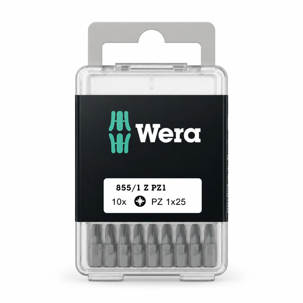 Wera 10-piece PZ1 x 25 mm screwdriver bit set in transparent branded storage case on a white background