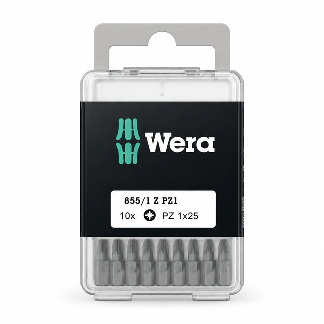Wera 10-piece PZ1 x 25 mm screwdriver bit set in transparent branded storage case on a white background