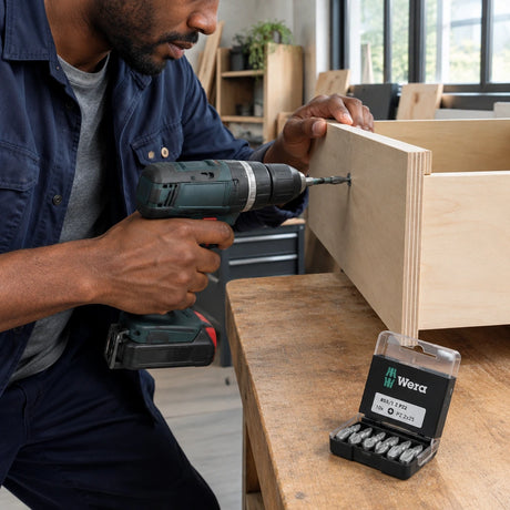 Joiner uses a Wera PZ2 bit in a cordless driver to fasten a custom plywood drawer
