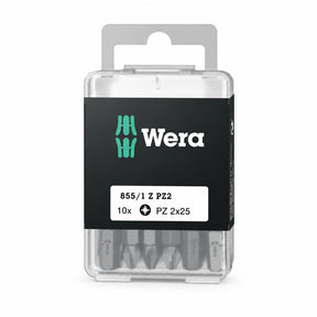 Wera 10-piece PZ2 x 25 mm screwdriver bit set in clear branded storage case on white background