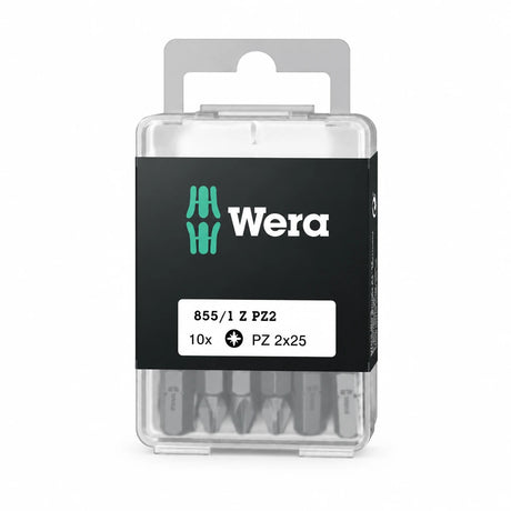 Wera 10-piece PZ2 x 25 mm screwdriver bit set in clear branded storage case on white background