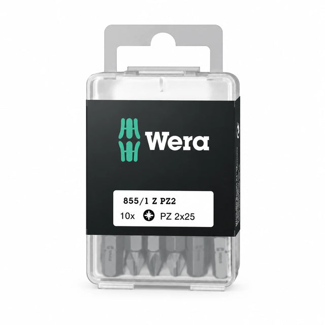 Wera 10-piece PZ2 x 25 mm screwdriver bit set in clear branded storage case on white background