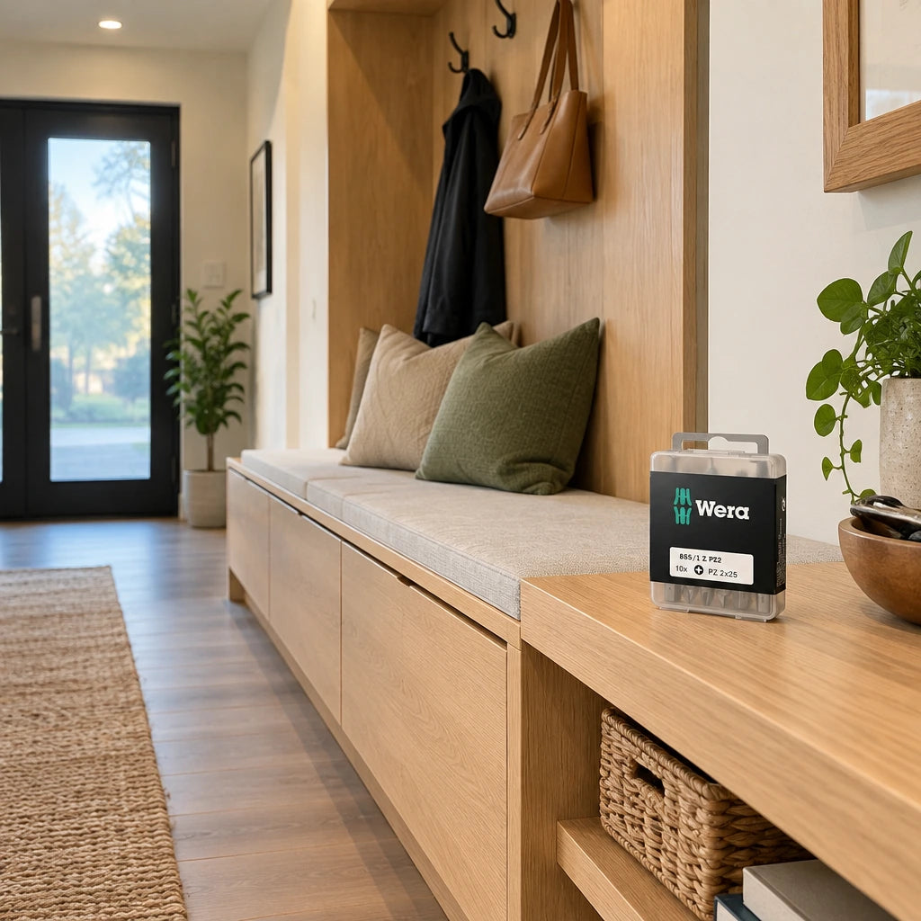 Completed contemporary entryway storage bench with aligned drawers and Wera PZ2 bit case nearby