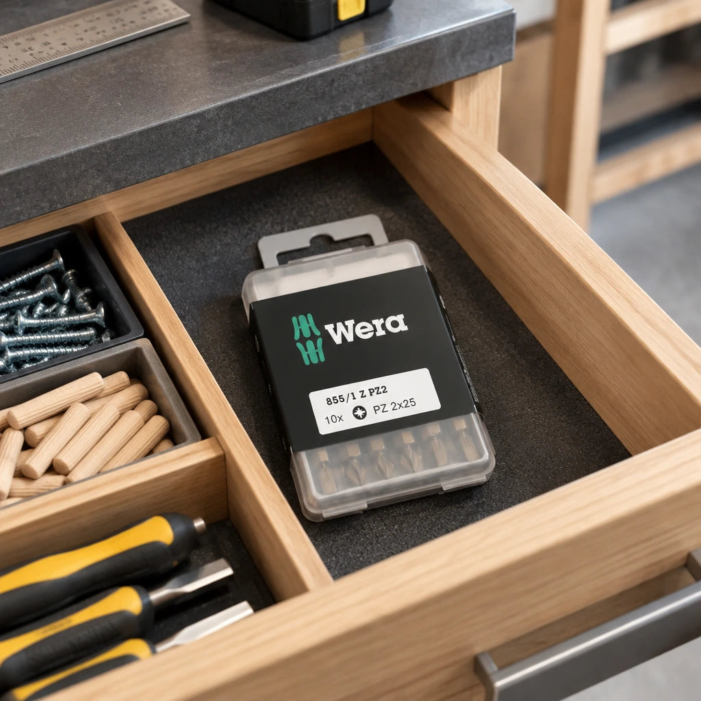 Closed Wera PZ2 screwdriver bit set stored in an organised joinery workshop drawer