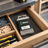Closed Wera PZ2 screwdriver bit set stored in an organised joinery workshop drawer